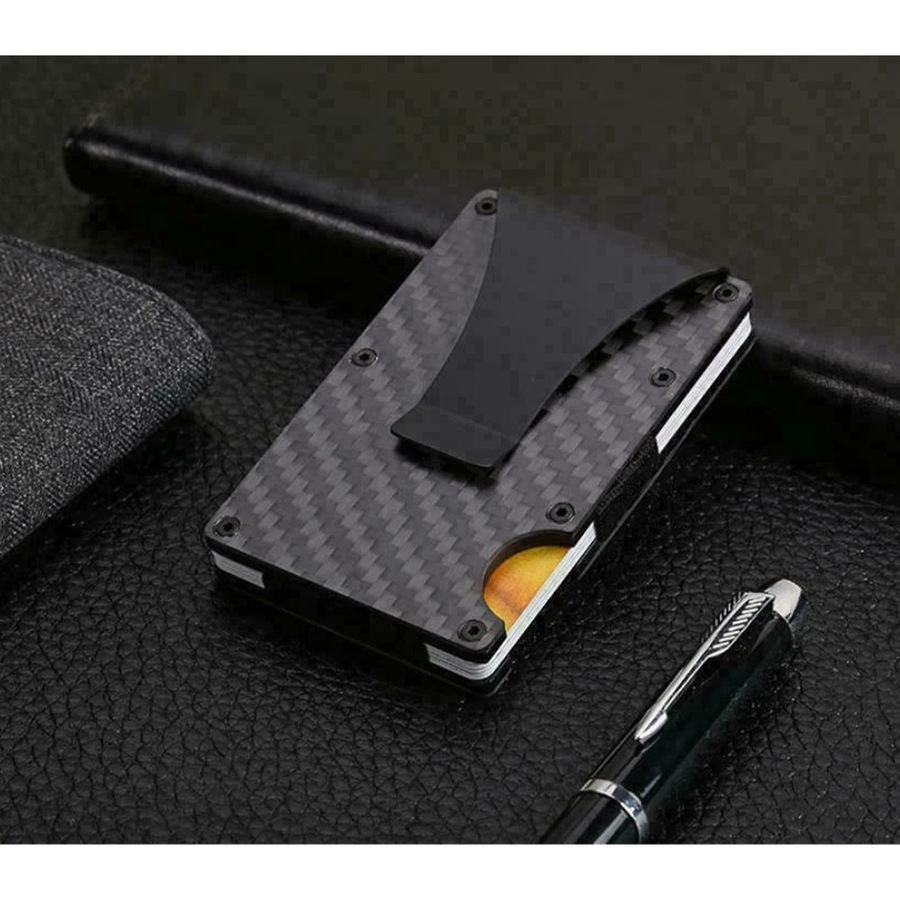Men Slim Carbon Fiber Credit Card Holder RFID Blocking Metal Money Clip Wallet