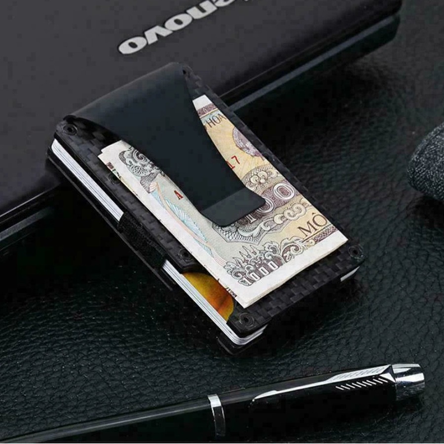 Men Slim Carbon Fiber Credit Card Holder RFID Blocking Metal Money Clip Wallet