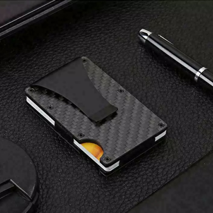 Men Slim Carbon Fiber Credit Card Holder RFID Blocking Metal Money Clip Wallet