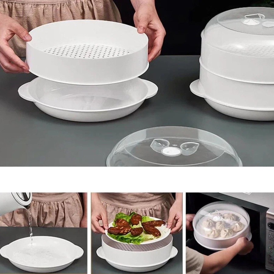 Microwave Steamer 2 Tier Double layer Cooking Meals Vegetables Kitchen