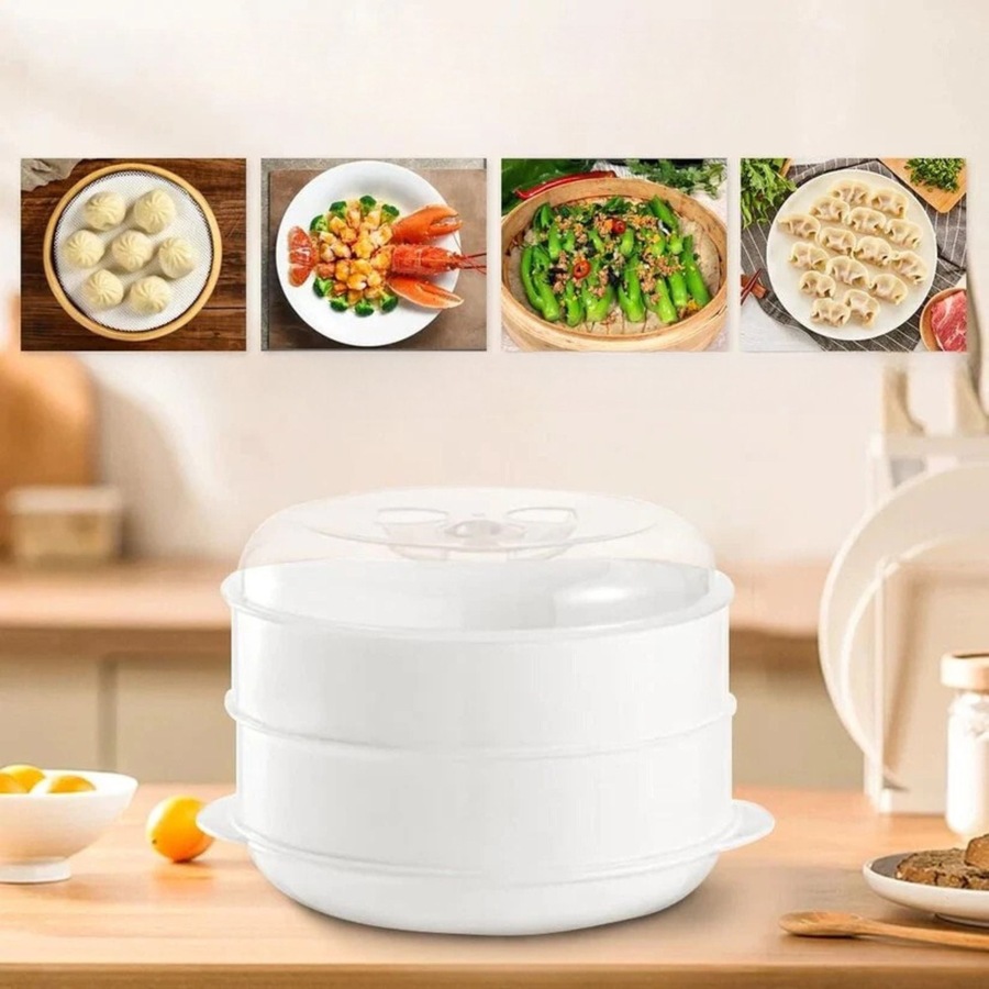 Microwave Steamer 2 Tier Double layer Cooking Meals Vegetables Kitchen