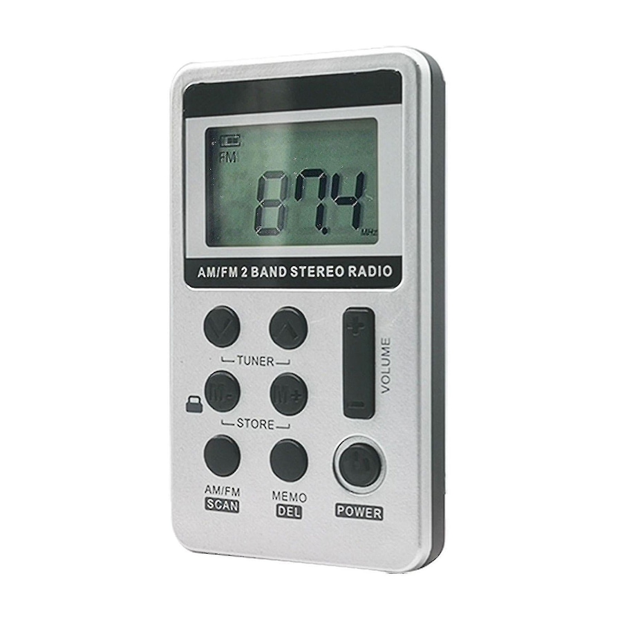 Silver FM AM Radio Pocket Receiver Portable Digital LCD Stereo Earphone USB