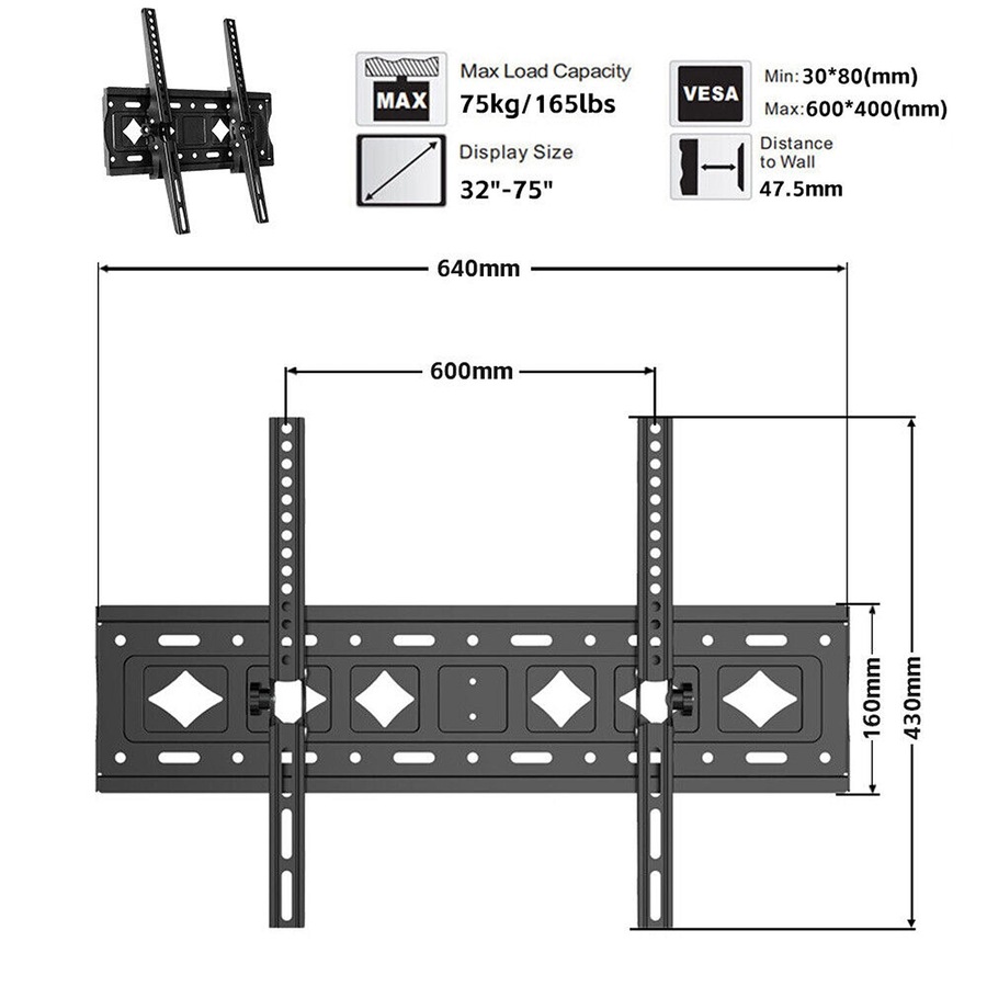 Tilt TV Wall Bracket VESA Mount for 32 to 75 Inch Flat And Curved TVs or Monitors