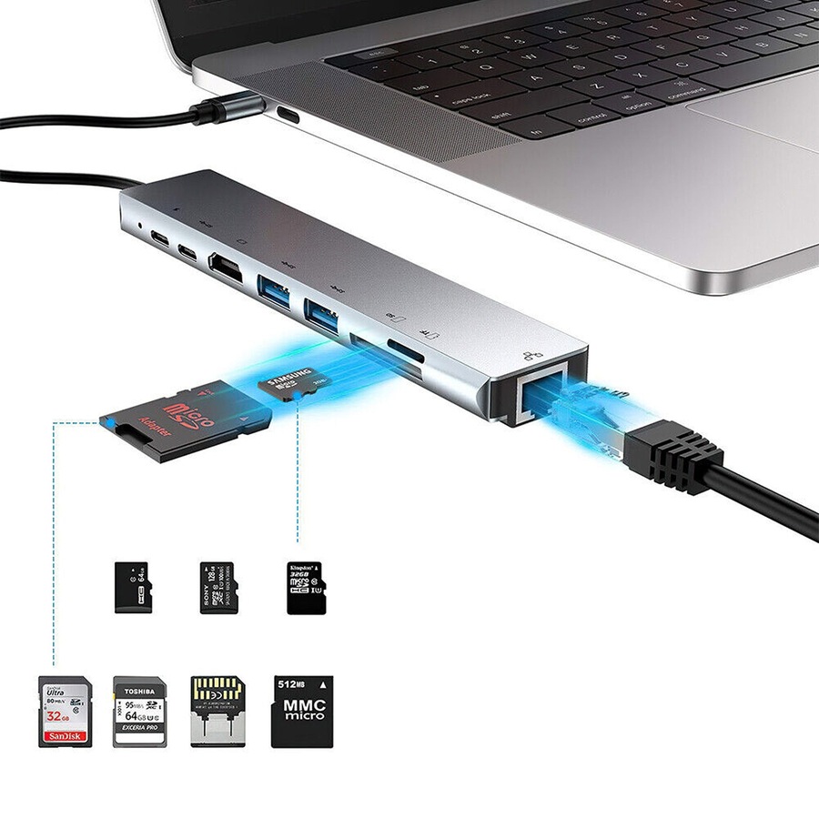 USB-C Hub Type-C Multiport Card Reader Adapter 4K HDMI For MacBook Pro - 8 in 1