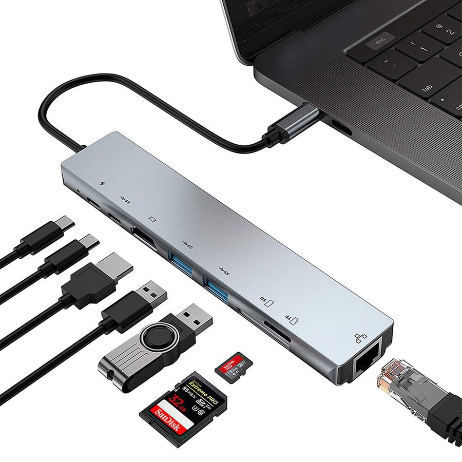 USB-C Hub Type-C Multiport Card Reader Adapter 4K HDMI For MacBook Pro - 8 in 1