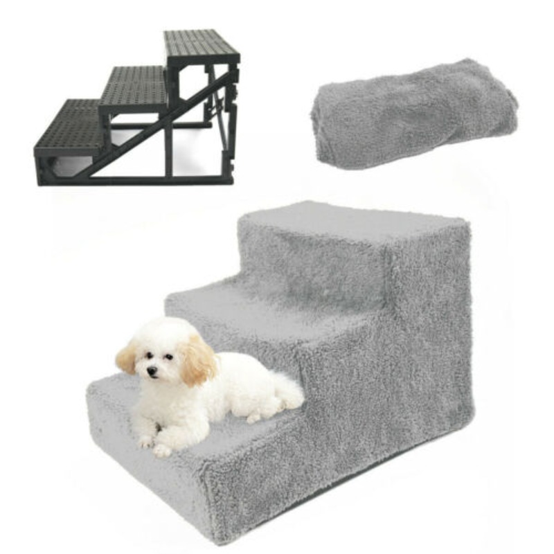 Buy Pet Stairs 3 Steps Portable Cat Dog Ladder w/ Cover Step Ramp Climb