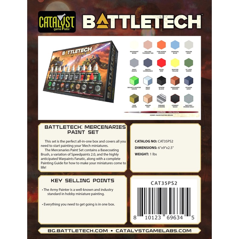 Catalyst Game Labs Battletech Mercenaries Paint Set – Minis Painting Kit Perfect for Battletech Enthusiasts Includes Exclusive Colors Ages 14+ Catalyst Game Labs Battletech Mercenaries Paint Set – Minis Painting Kit Perfect for Battletech Enthusiasts Includes Exclusive Colors Ages 14+