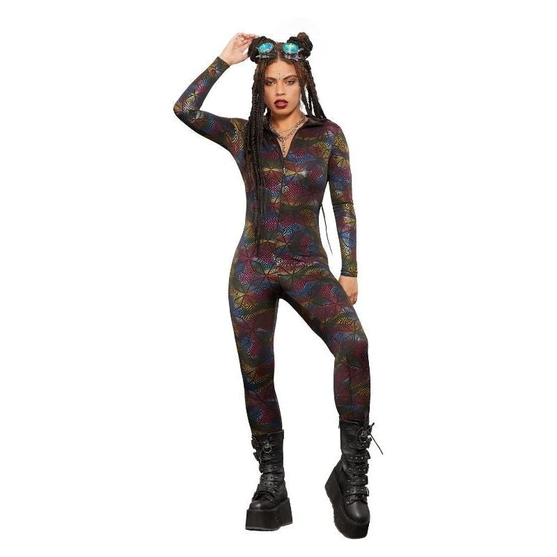 Fever Miss Whiplash Mirror Holographic Zip Up Silver Catsuit