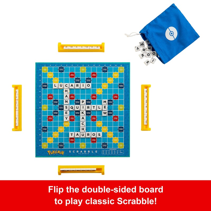 Mattel Games Scrabble Pokémon Board Game, Family Word Game with Two Ways to Play, includes 50 Challenge Cards featuring Pokémon characters for 2-4 Players, UK Version, HXB94