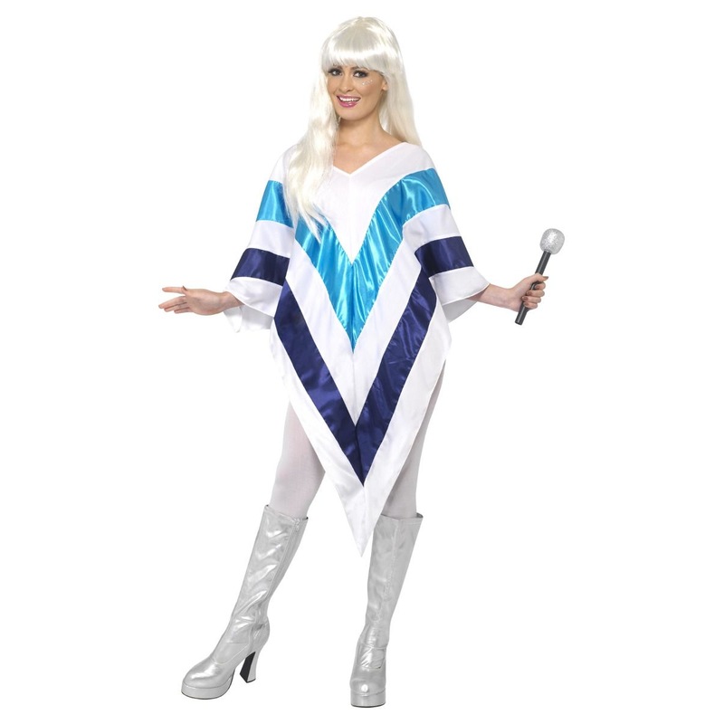 70s Super Trooper ABBA Poncho Adult White Blue 70s Super Trooper ABBA Poncho Adult White Blue