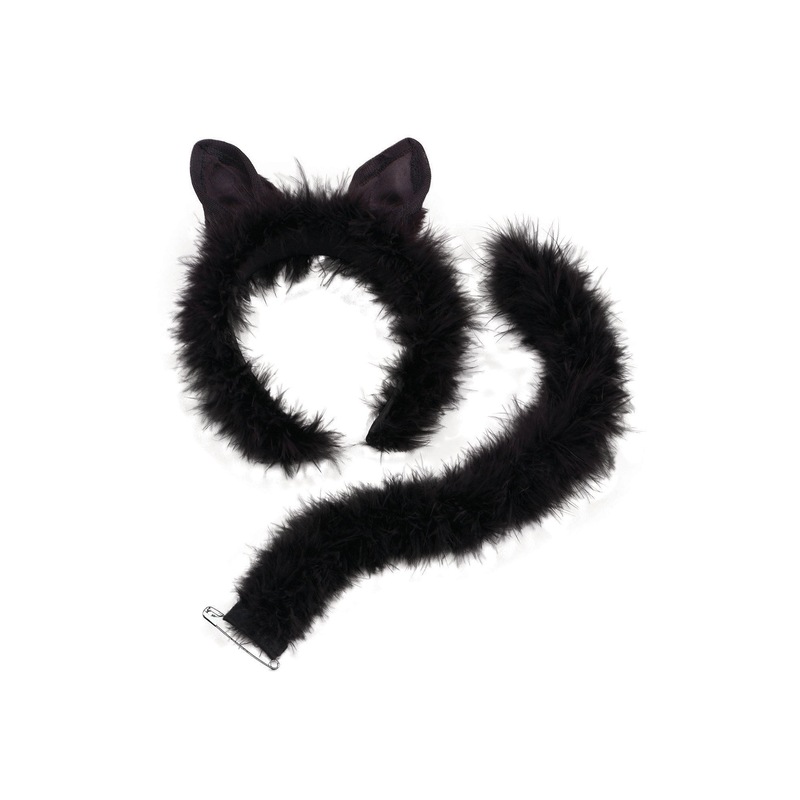 Womens Cat Set Marabou Trim Instant Disguise Female Halloween Costume