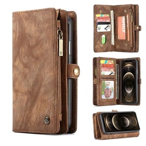 CaseMe For Apple iPhone 12 Pro Max Zipper & Detachable Retro Leather Pouch Wallet Flip Purse Bag Detachable Phone Case Cover (Brown)