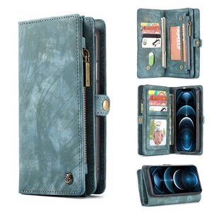 CaseMe For Apple iPhone 12 Pro Max Zipper & Detachable Retro Leather Pouch Wallet Flip Purse Bag Detachable Phone Case Cover (Sky Blue)