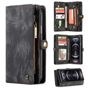 CaseMe For Apple iPhone 12 Pro Zipper & Detachable Retro Leather Pouch Wallet Flip Purse Bag Detachable Phone Case Cover (Black)
