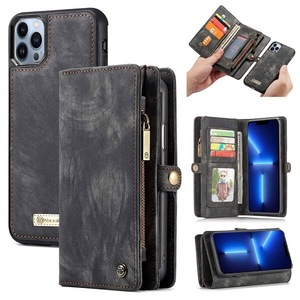 CaseMe For Apple iPhone 13 Pro Max Zipper & Detachable Retro Leather Pouch Wallet Flip Purse Bag Detachable Phone Case Cover (Black)