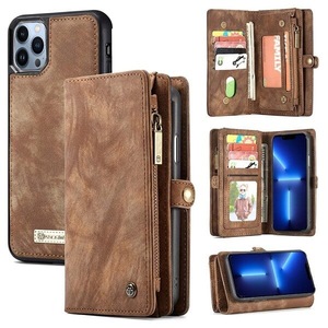 CaseMe For Apple iPhone 13 Pro Zipper & Detachable Retro Leather Pouch Wallet Flip Purse Bag Detachable Phone Case Cover (Brown)
