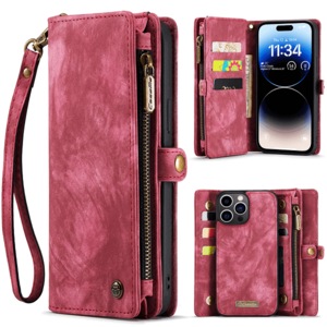 CaseMe For Apple iPhone 14 Pro Max Zipper & Detachable Retro Leather Pouch Wallet Flip Purse Bag Detachable Phone Case Cover (Red)