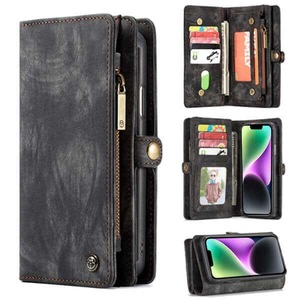 CaseMe For Apple iPhone 15/14/13 Zipper & Detachable Retro Leather Pouch Wallet Flip Purse Bag Detachable Phone Case Cover (Black)