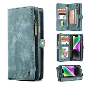 CaseMe For Apple iPhone 15/14/13 Zipper & Detachable Retro Leather Pouch Wallet Flip Purse Bag Detachable Phone Case Cover (Sky Blue)