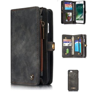 CaseMe For Apple iPhone SE 2022 Zipper & Detachable Retro Leather Pouch Wallet Flip Purse Bag Detachable Phone Case Cover (Black)