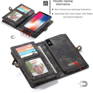 CaseMe For Apple iPhone X/XS Zipper & Detachable Retro Leather Pouch Wallet Flip Purse Bag Detachable Phone Case Cover (Black)