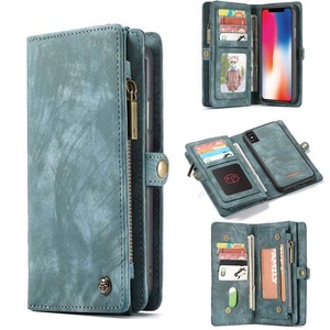 CaseMe For Apple iPhone X/XS Zipper & Detachable Retro Leather Pouch Wallet Flip Purse Bag Detachable Phone Case Cover (Sky Blue)