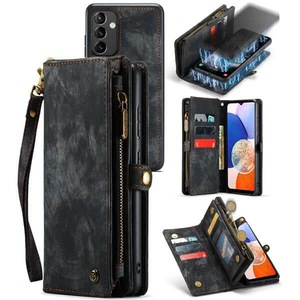 CaseMe For Samsung Galaxy A14 5G Zipper & Detachable Retro Leather Pouch Wallet Flip Purse Bag Detachable Phone Case Cover (Black)