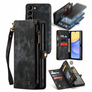 CaseMe For Samsung Galaxy A15 5G Zipper & Detachable Retro Leather Pouch Wallet Flip Purse Bag Detachable Phone Case Cover (Black)
