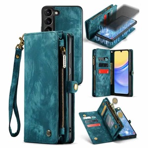 CaseMe For Samsung Galaxy A15 5G Zipper & Detachable Retro Leather Pouch Wallet Flip Purse Bag Detachable Phone Case Cover (Sky Blue)
