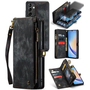 CaseMe For Samsung Galaxy A34 5G Zipper & Detachable Retro Leather Pouch Wallet Flip Purse Bag Detachable Phone Case Cover (Black)