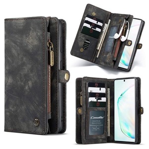 CaseMe For Samsung Galaxy Note 10 Zipper & Detachable Retro Leather Pouch Wallet Flip Purse Bag Detachable Phone Case Cover (Black)