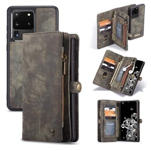 CaseMe For Samsung Galaxy S20 Ultra Zipper & Detachable Retro Leather Pouch Wallet Flip Purse Bag Detachable Phone Case Cover (Black)
