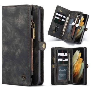 CaseMe For Samsung Galaxy S21 Ultra Zipper & Detachable Retro Leather Pouch Wallet Flip Purse Bag Detachable Phone Case Cover (Black)