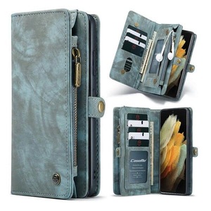 CaseMe For Samsung Galaxy S21 Ultra Zipper & Detachable Retro Leather Pouch Wallet Flip Purse Bag Detachable Phone Case Cover (Sky Blue)
