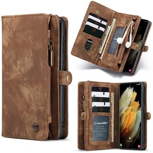 CaseMe For Samsung Galaxy S21 Zipper & Detachable Retro Leather Pouch Wallet Flip Purse Bag Detachable Phone Case Cover (Brown)