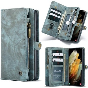 CaseMe For Samsung Galaxy S21 Zipper & Detachable Retro Leather Pouch Wallet Flip Purse Bag Detachable Phone Case Cover (Sky Blue)