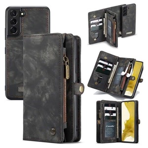CaseMe For Samsung Galaxy S22 Plus Zipper & Detachable Retro Leather Pouch Wallet Flip Purse Bag Detachable Phone Case Cover (Black)