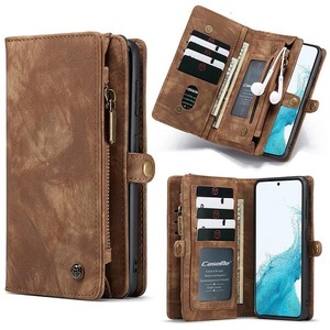 CaseMe For Samsung Galaxy S22 Zipper & Detachable Retro Leather Pouch Wallet Flip Purse Bag Detachable Phone Case Cover (Brown)