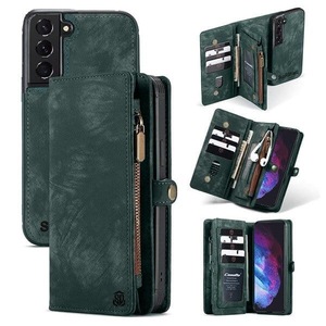 CaseMe For Samsung Galaxy S23 Zipper & Detachable Retro Leather Pouch Wallet Flip Purse Bag Detachable Phone Case Cover (Green)