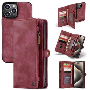 SupRShield For Apple iPhone 15 Pro Zipper & Detachable Retro Leather Pouch Wallet Flip Purse Bag Detachable Phone Case Cover (Red)