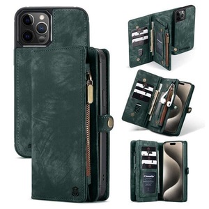 SupRShield For Apple iPhone 15 Pro Zipper & Detachable Retro Leather Pouch Wallet Flip Purse Bag Detachable Phone Case Cover (Green)