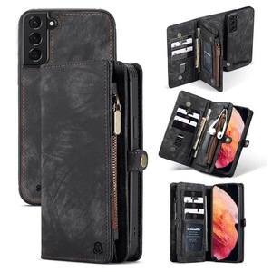 SupRShield For Samsung Galaxy S23+ /S23 Plus Zipper & Detachable Retro Leather Pouch Wallet Flip Purse Bag Detachable Phone Case Cover (Black)