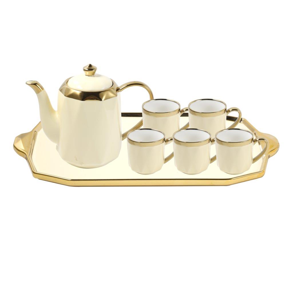 Buy Ceramic Tea Cup and Saucer Set of 8 pcs with Teapot and Tray Cream ...