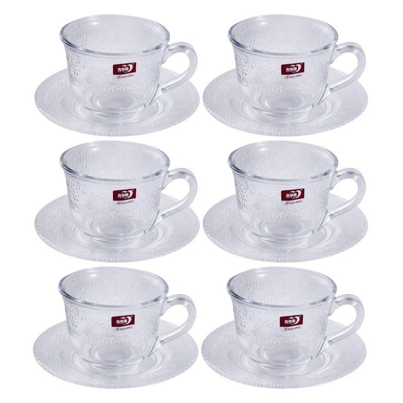 Buy Engraved Design Clear Glass Tea Cup with Saucer Set of 6 190 ml