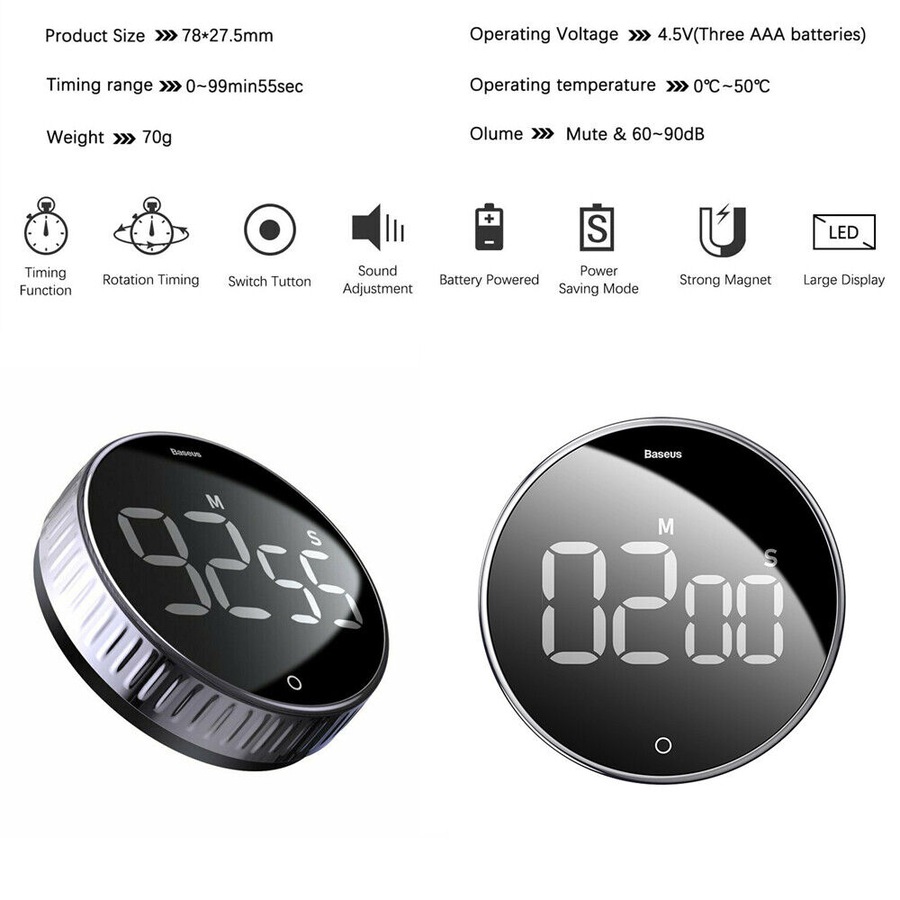 Baseus Magnetic Countdown Pro Alarm Clock Kitchen Timer Cooking Stopwatch 99min