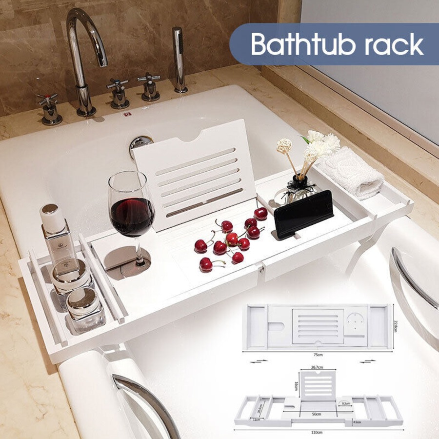 Expandable Bathtub Caddy Tray Bath Table Over Tub with Wine & Book Holder