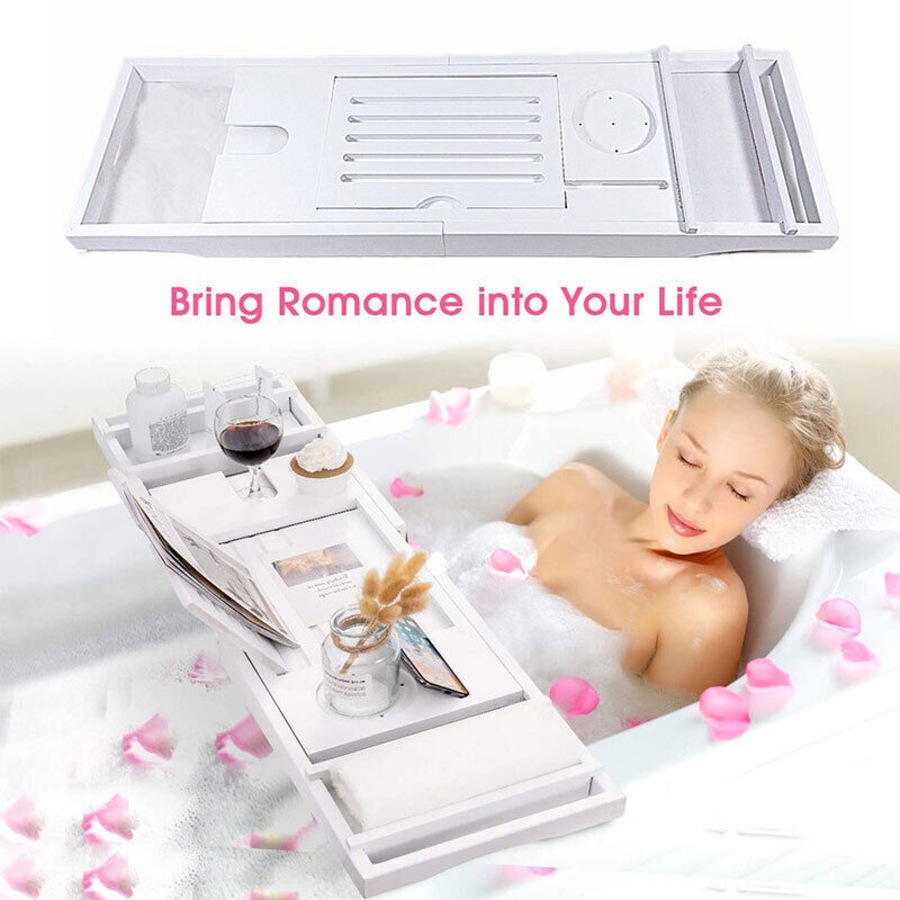 Expandable Bathtub Caddy Tray Bath Table Over Tub with Wine & Book Holder