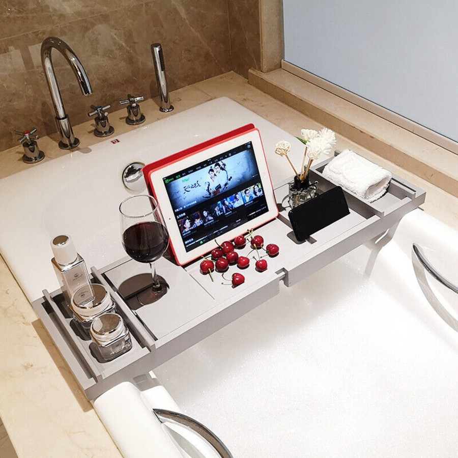 Expandable Bathtub Caddy Tray Bath Table Over Tub with Wine & Book Holder