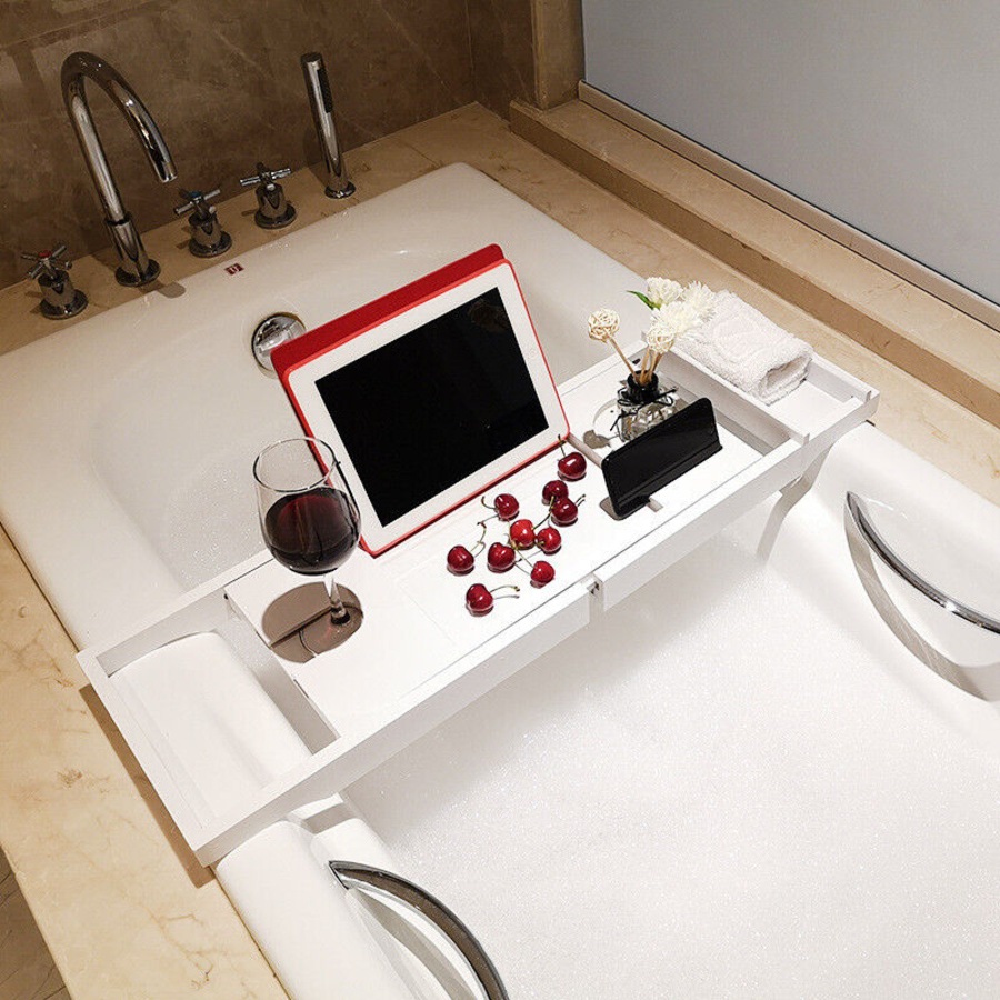 Expandable Bathtub Caddy Tray Bath Table Over Tub with Wine & Book Holder