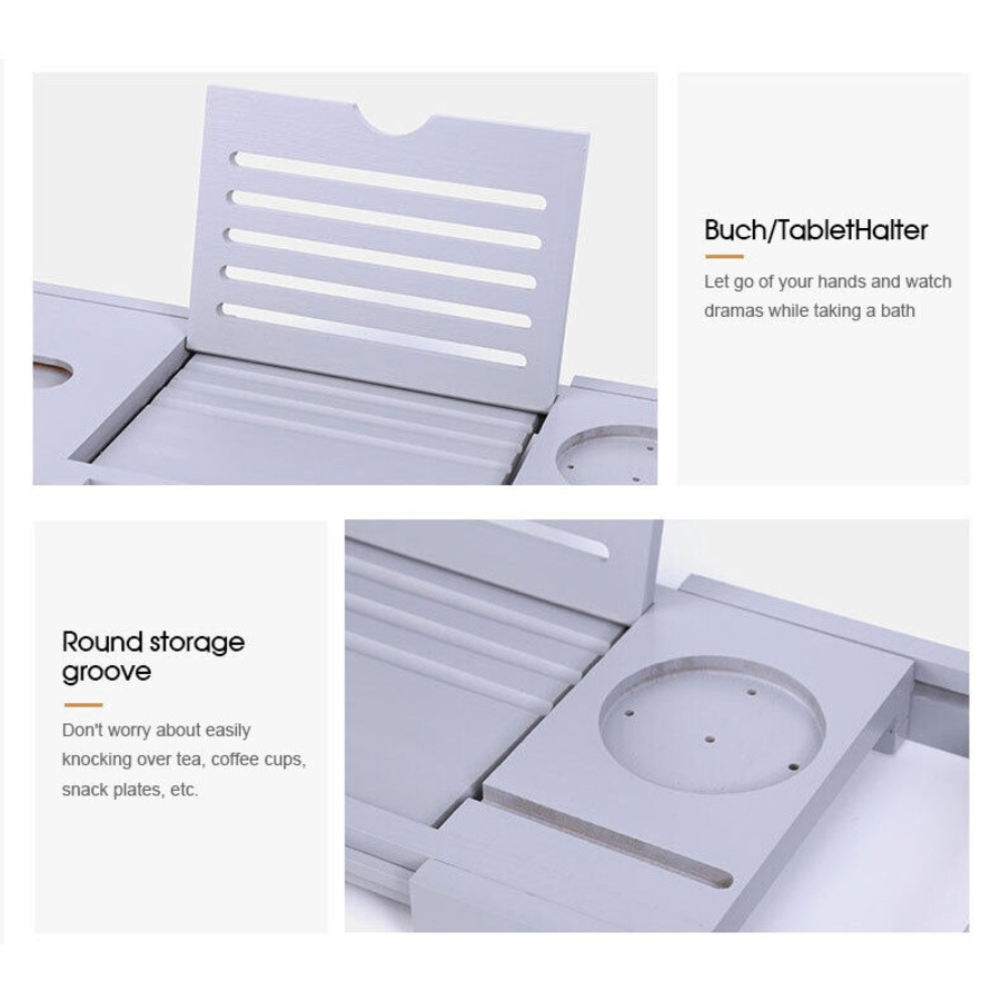 Expandable Bathtub Caddy Tray Bath Table Over Tub with Wine & Book Holder